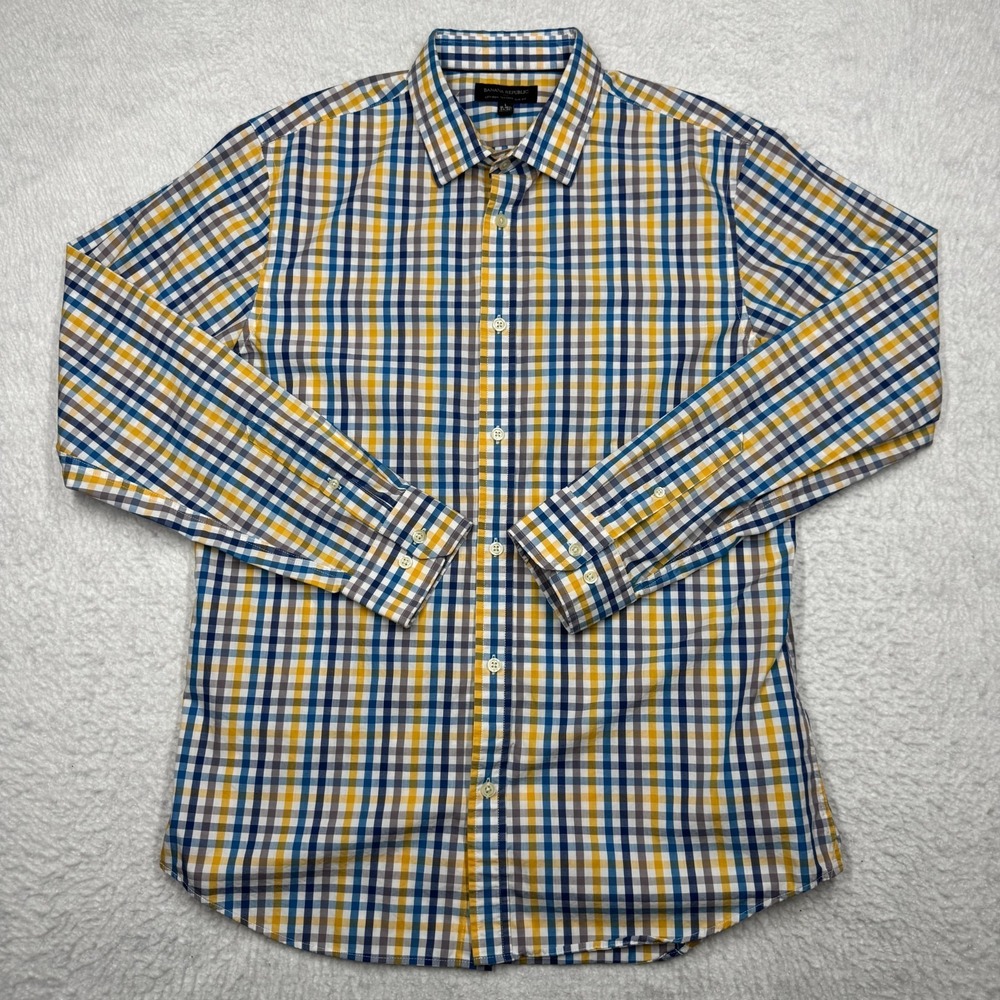 Banana Republic Shirt Blue Yellow Button Down‎ Cotton Slim Fit Non Iron Men's L